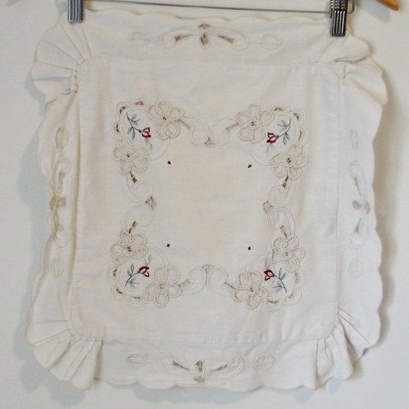 Vintage Floral Embroidered Pillow Case Cover Shabby Chic Flowers Lace Ruffle - Picture 1 of 12